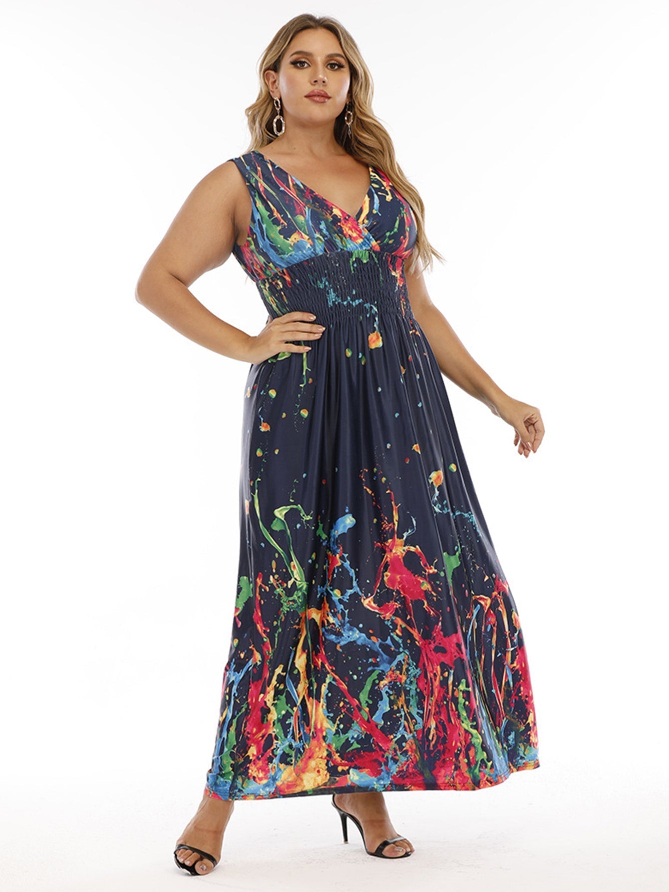 Plus Size Double V-neck Print Smocked Waist Maxi Dress Sai Feel