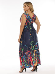 Plus Size Double V-neck Print Smocked Waist Maxi Dress Sai Feel