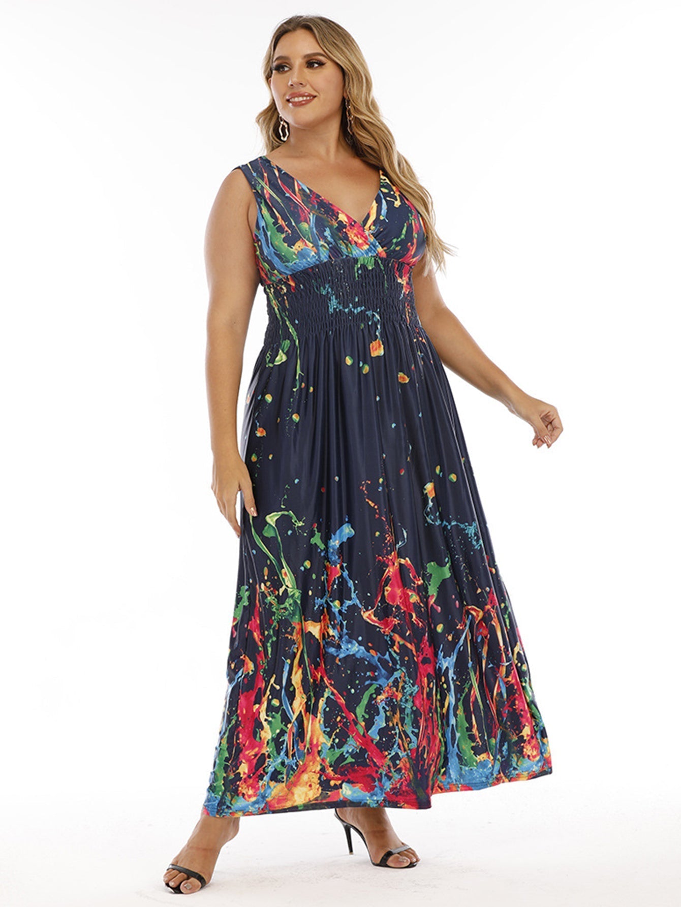 Plus Size Double V-neck Print Smocked Waist Maxi Dress Sai Feel