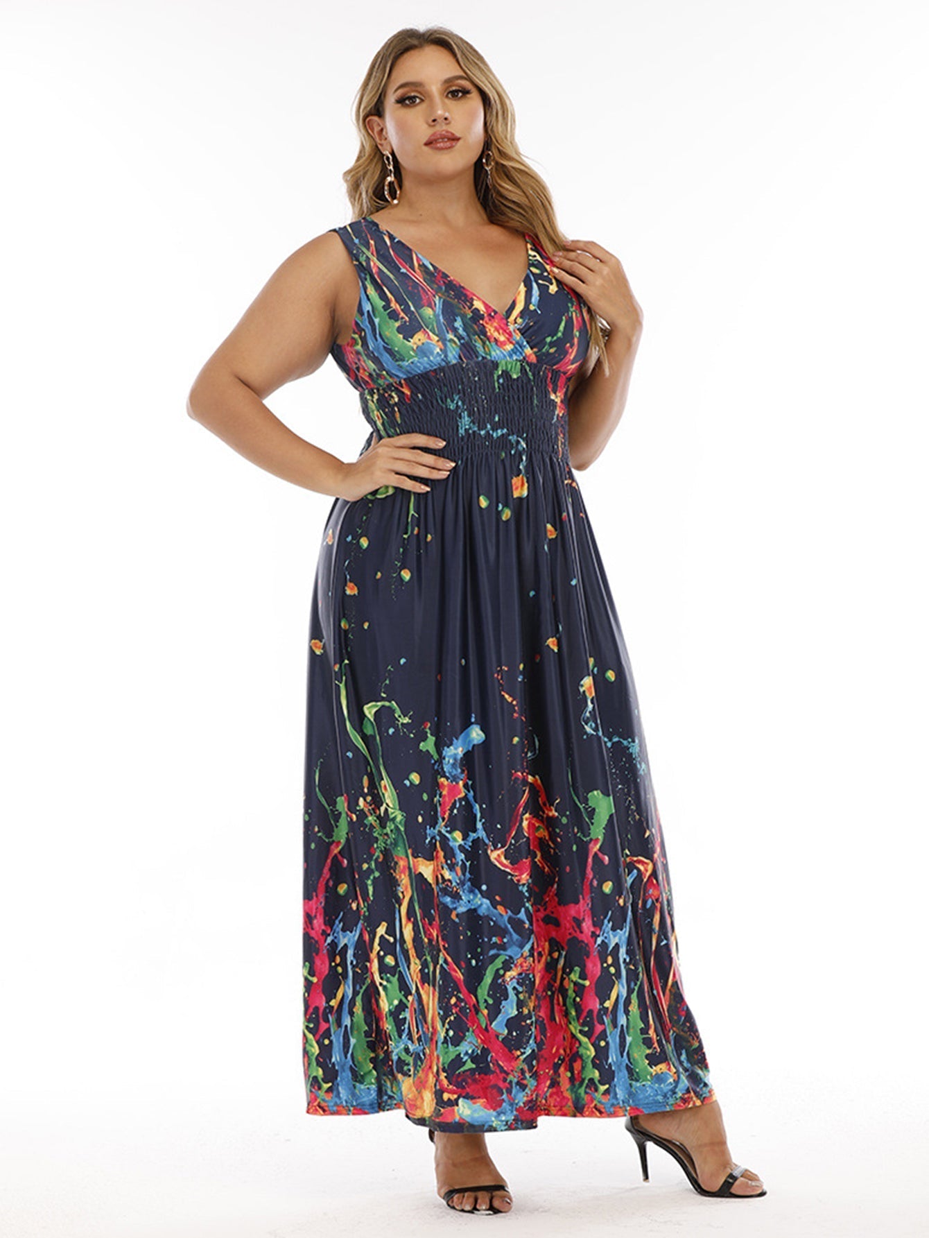 Plus Size Double V-neck Print Smocked Waist Maxi Dress Sai Feel