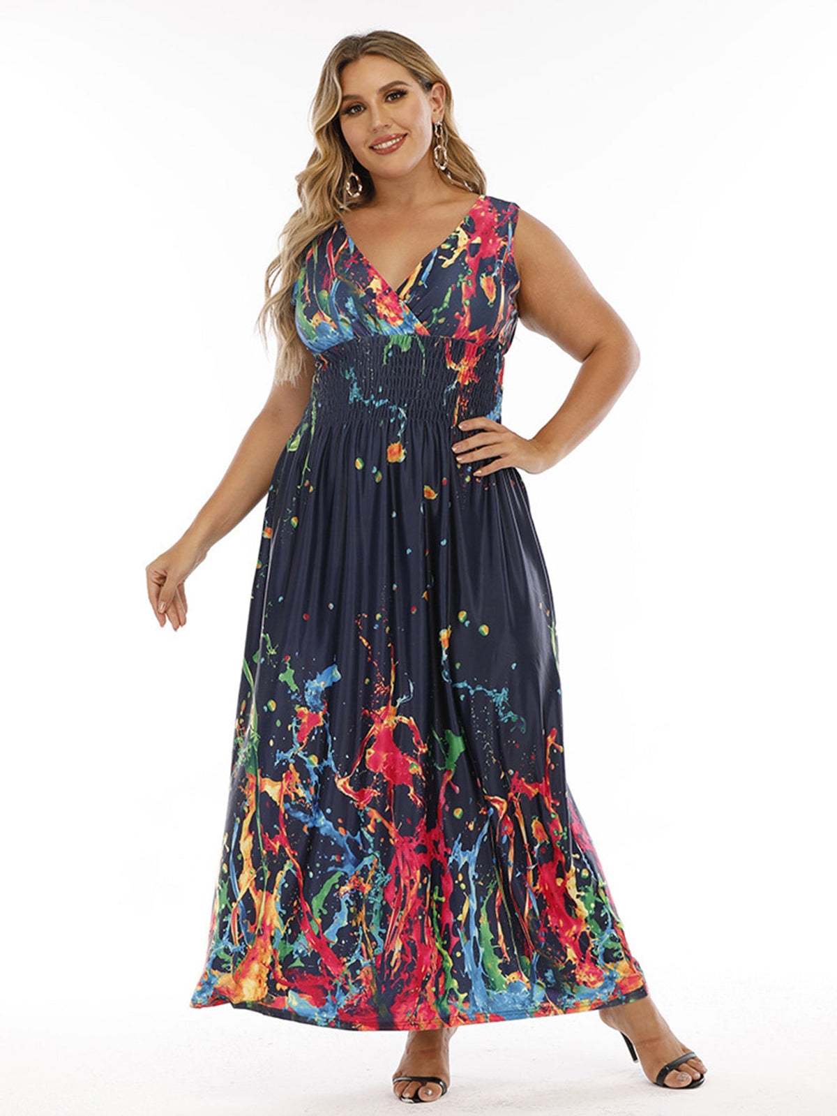 Plus Size Double V-neck Print Smocked Waist Maxi Dress Sai Feel