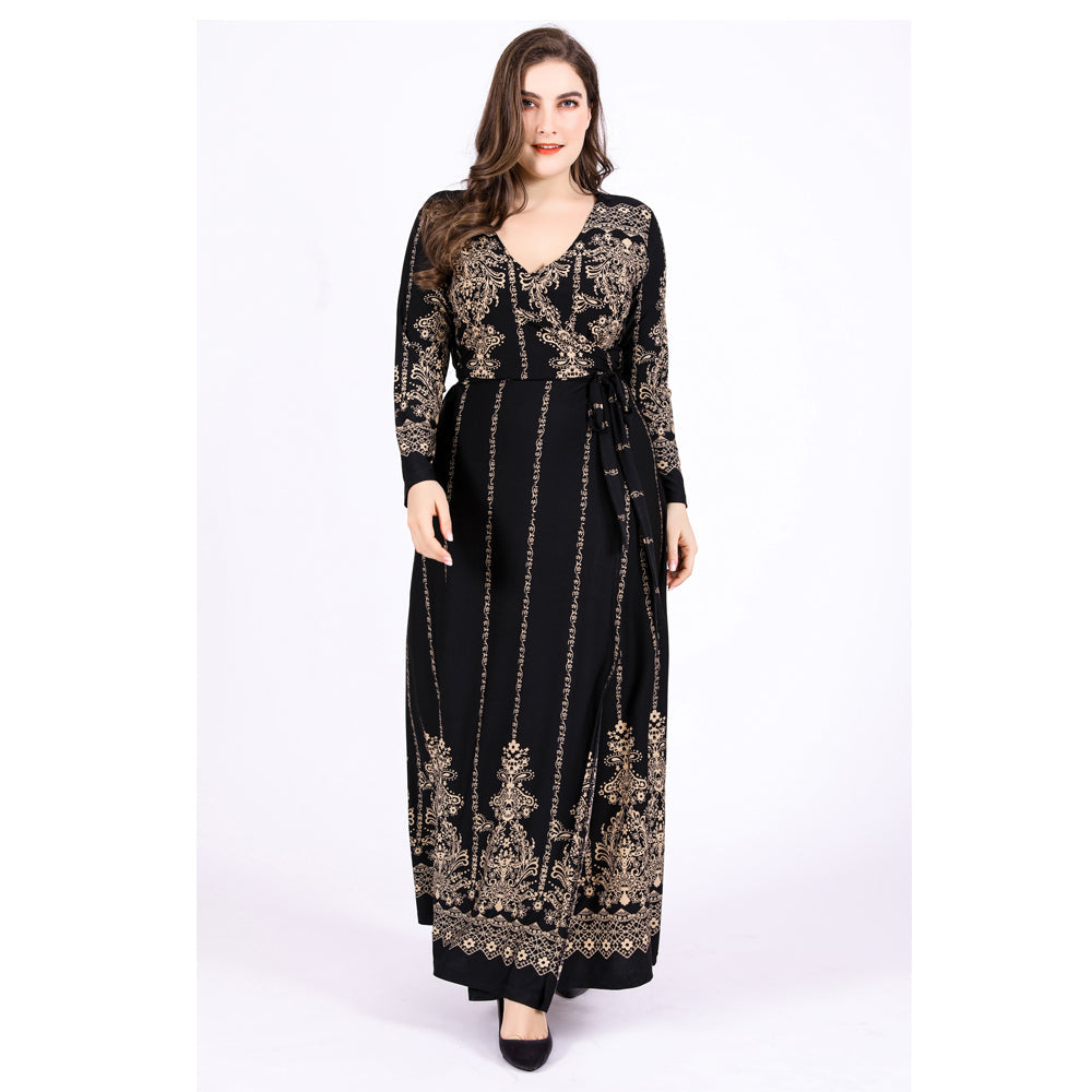 Plus Size Dress Loose New Long-sleeved Retro Print Dress Sai Feel