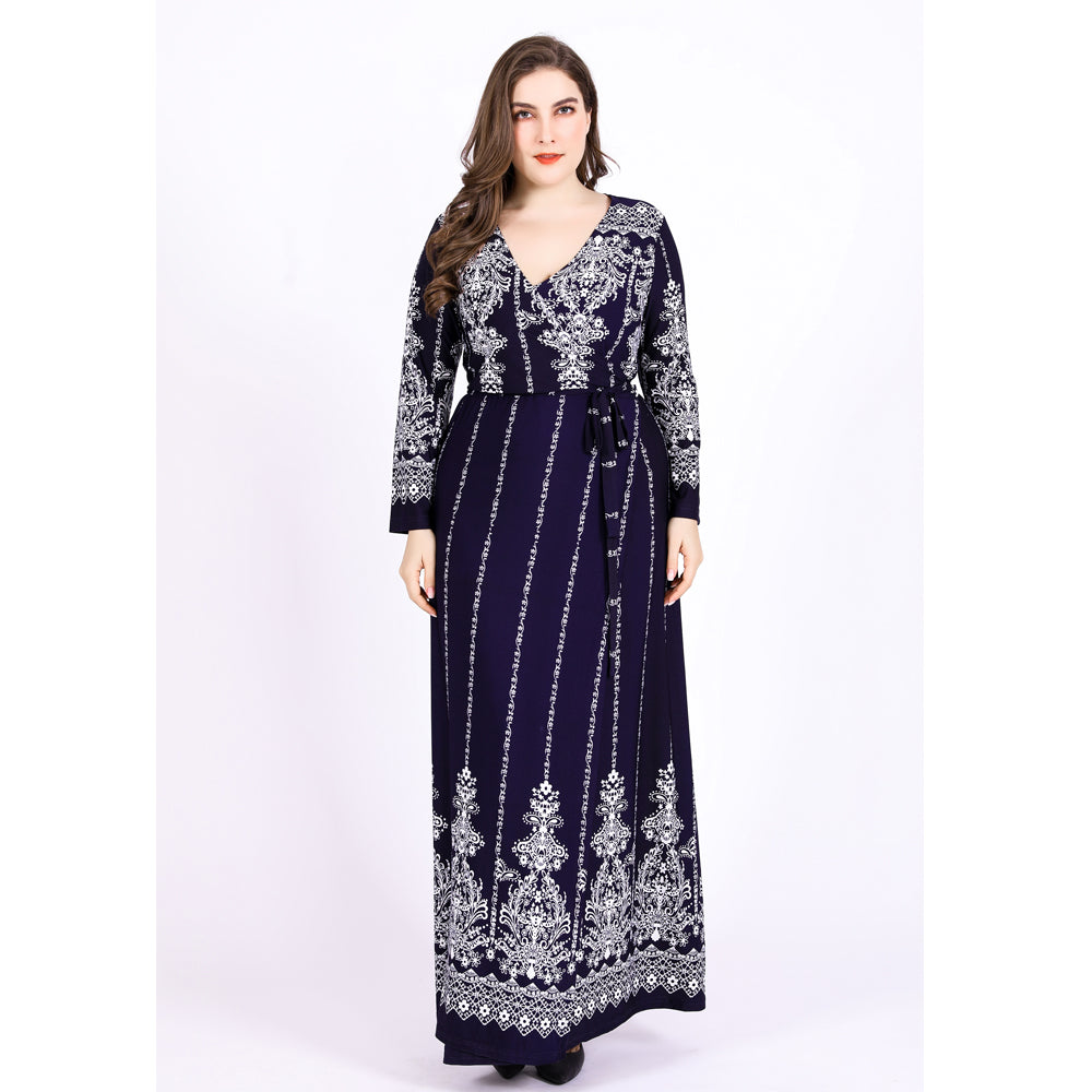 Plus Size Dress Loose New Long-sleeved Retro Print Dress Sai Feel