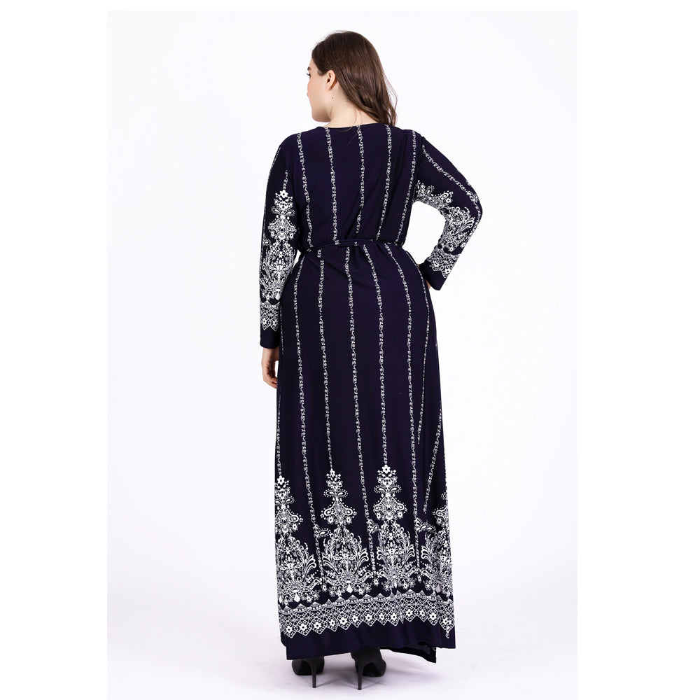 Plus Size Dress Loose New Long-sleeved Retro Print Dress Sai Feel