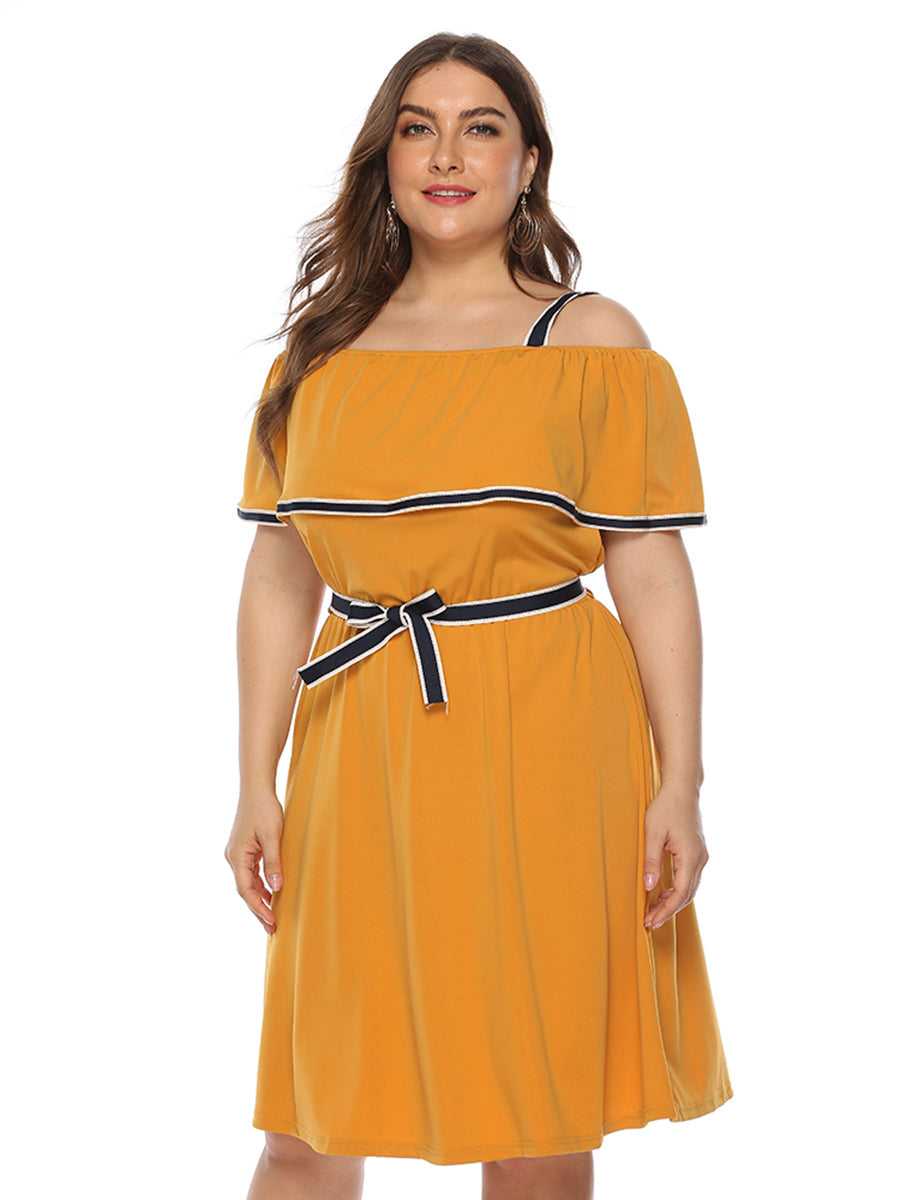Plus Size Drop Shoulder Solid Color Short Sleeve Halter Belt Dress Sai Feel
