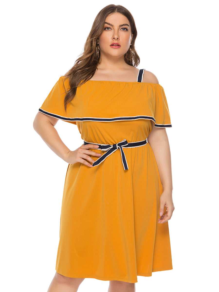 Plus Size Drop Shoulder Solid Color Short Sleeve Halter Belt Dress Sai Feel