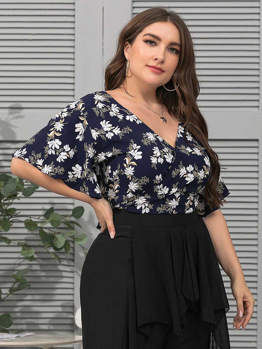 Plus Size Fashion Women V Neck Flower Printing Backless Blouse Shirt Sai Feel
