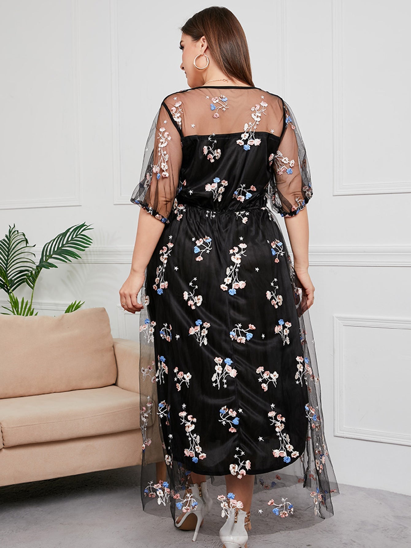 Plus Size Floral Embroidery Sheer Overlay Dress Sai Feel