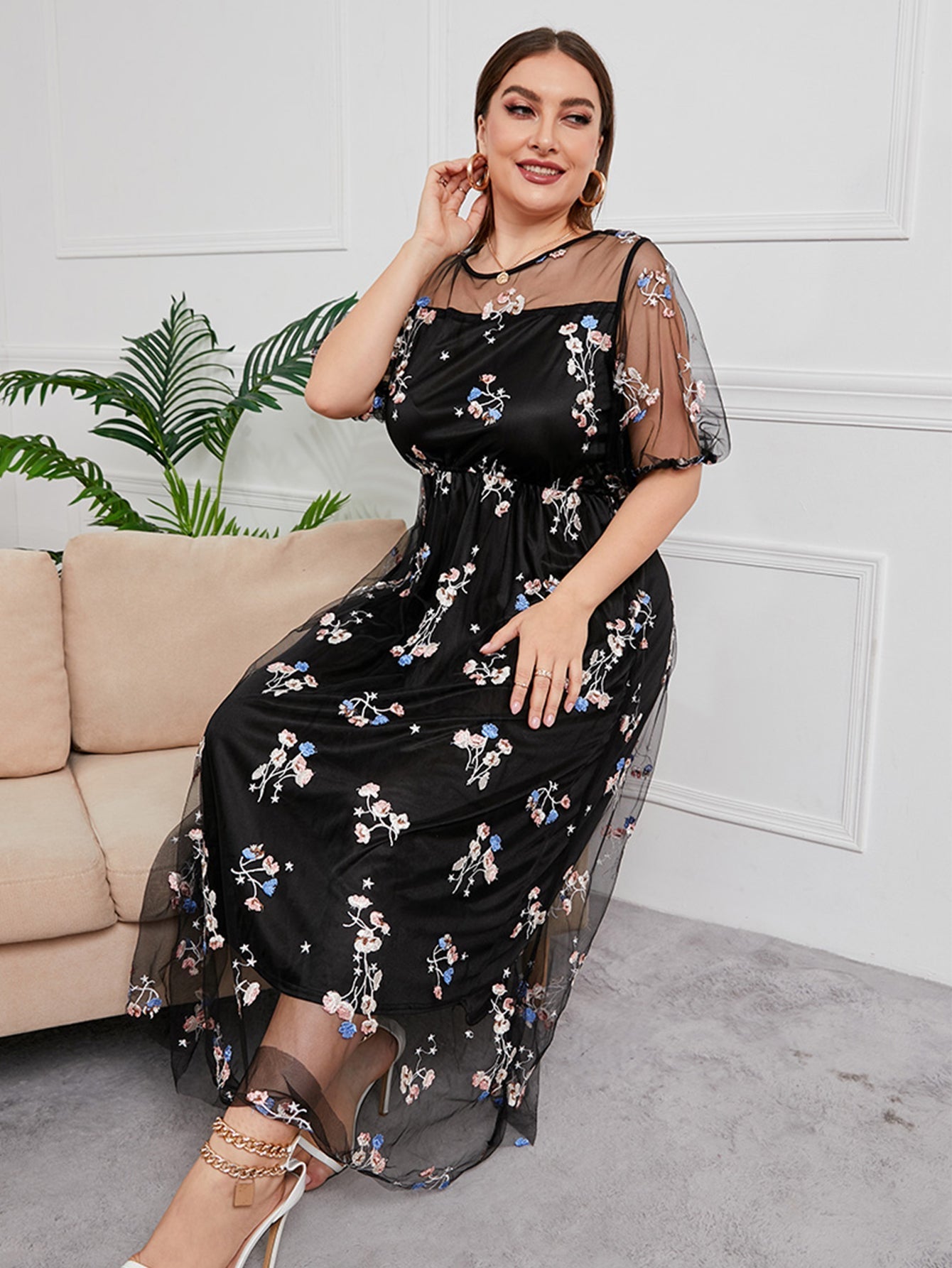 Plus Size Floral Embroidery Sheer Overlay Dress Sai Feel