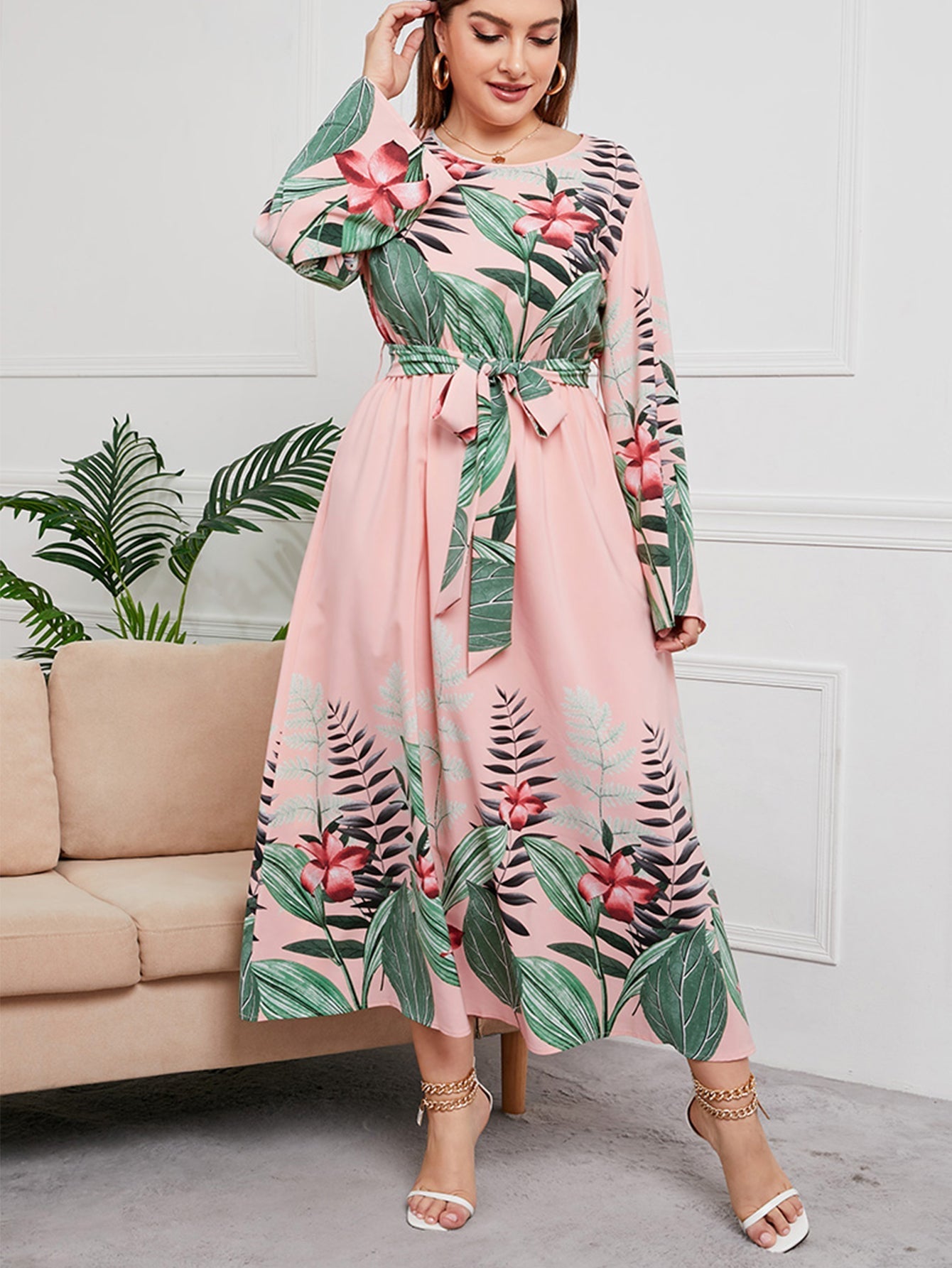 Plus Size Floral Print Dress with Waist Tie Sai Feel