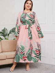 Plus Size Floral Print Dress with Waist Tie Sai Feel