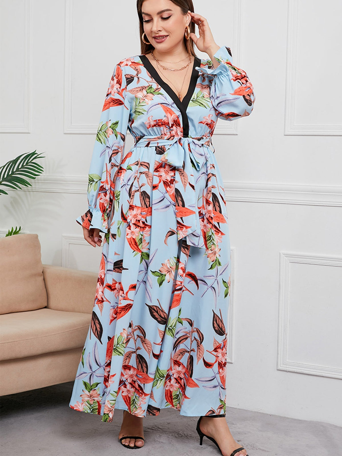 Plus Size Floral Print Surplice Neck Waist Tie Maxi Dress Sai Feel