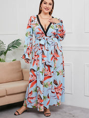 Plus Size Floral Print Surplice Neck Waist Tie Maxi Dress Sai Feel