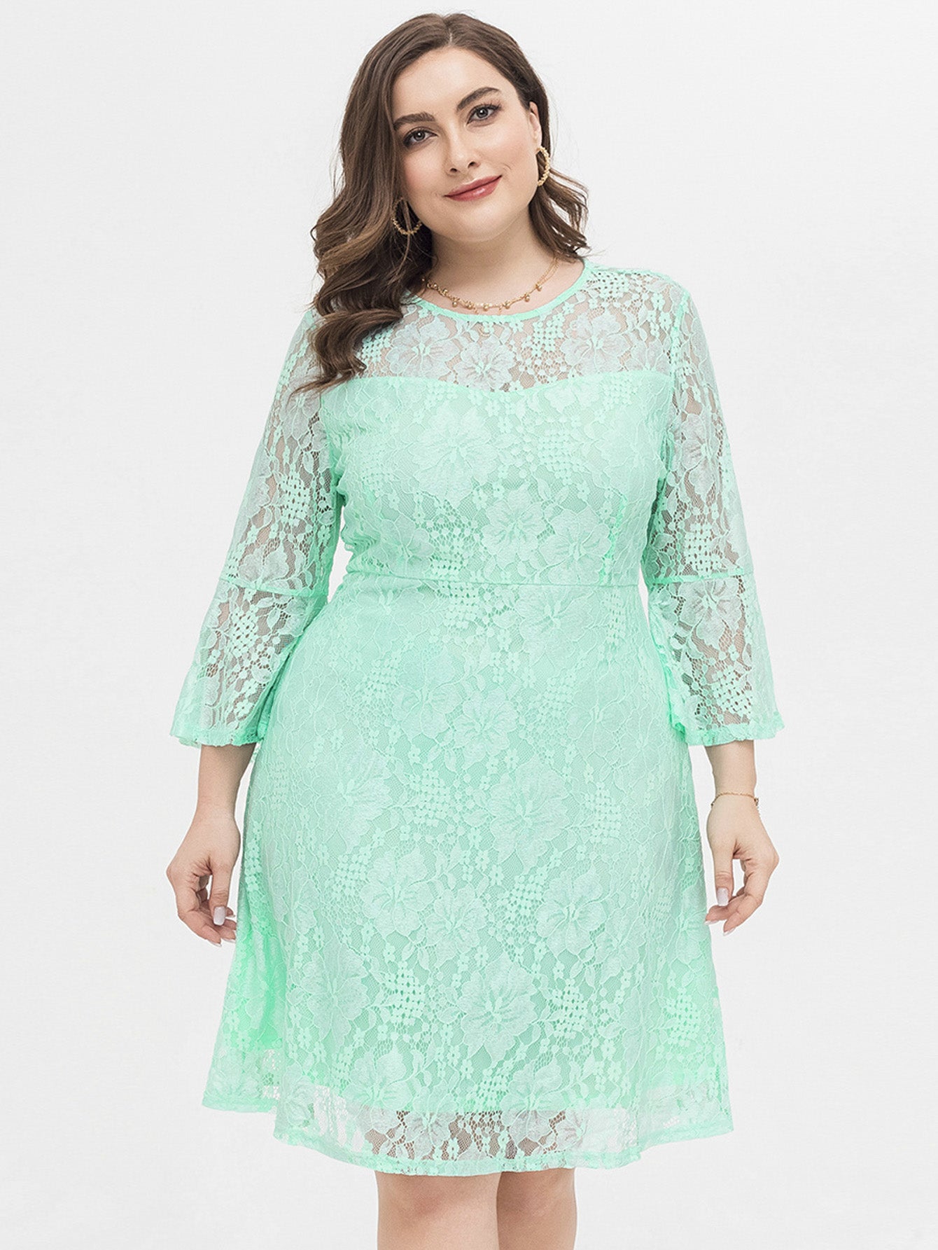 Plus Size Flounce Sleeve Lace Dress Sai Feel