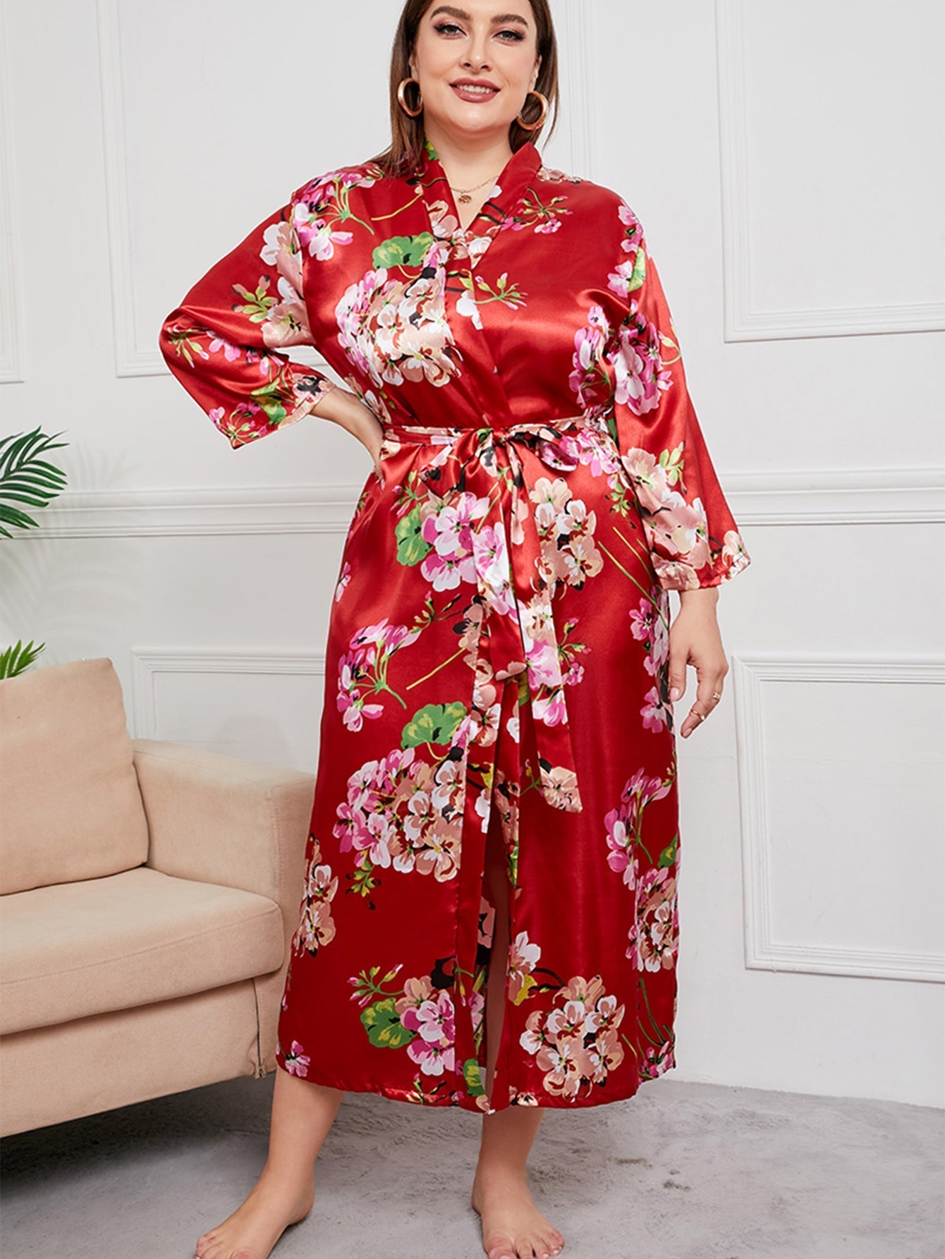 Plus Size Flower Print Satin Robe Sai Feel