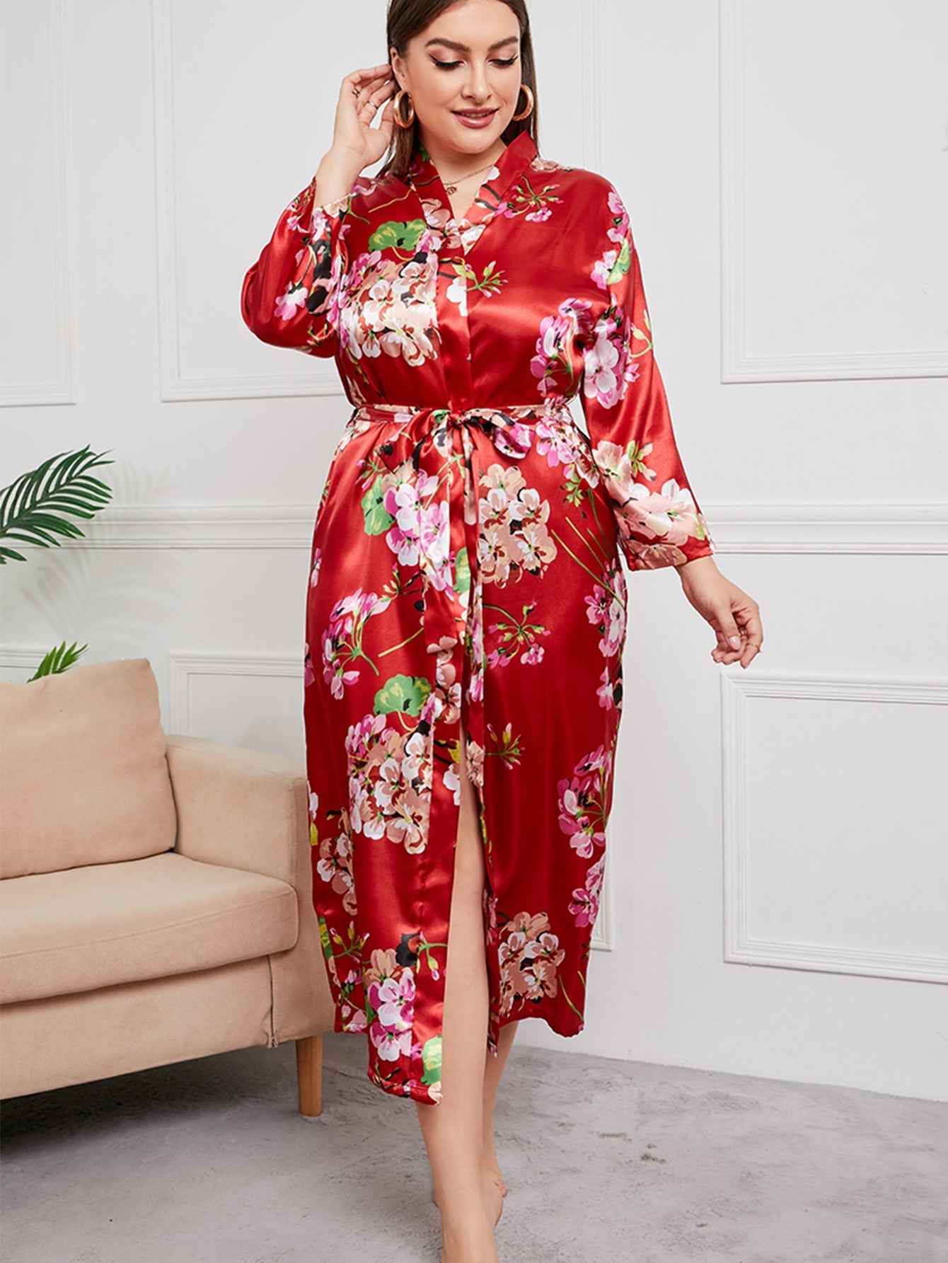 Plus Size Flower Print Satin Robe Sai Feel