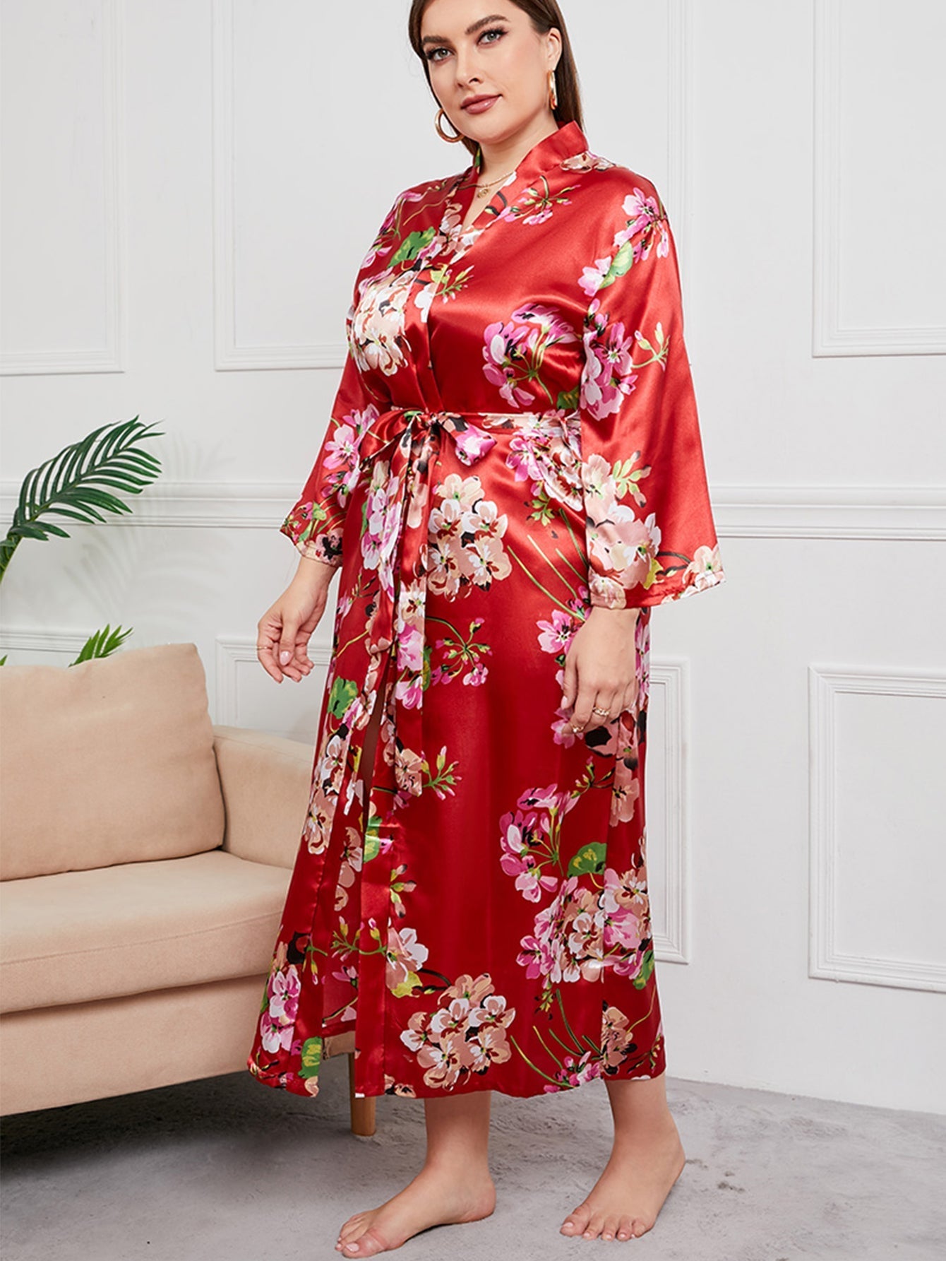 Plus Size Flower Print Satin Robe Sai Feel