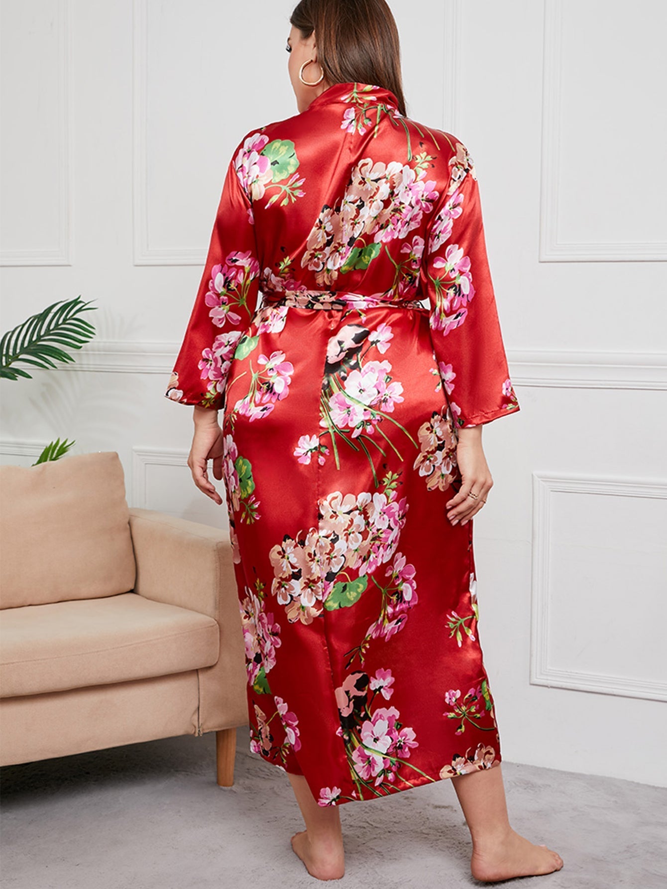 Plus Size Flower Print Satin Robe Sai Feel