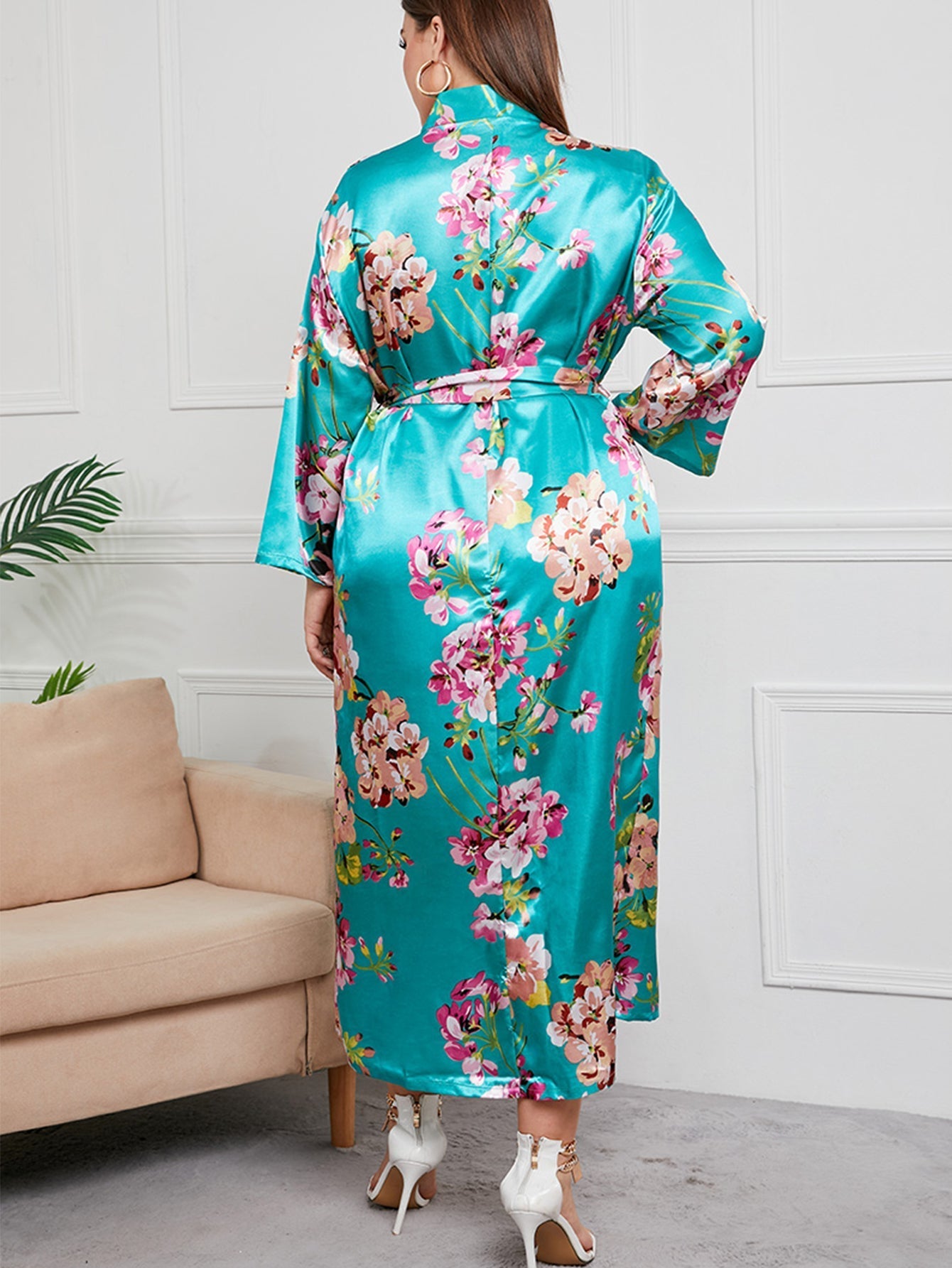 Plus Size Flower Print Satin Robe Sai Feel