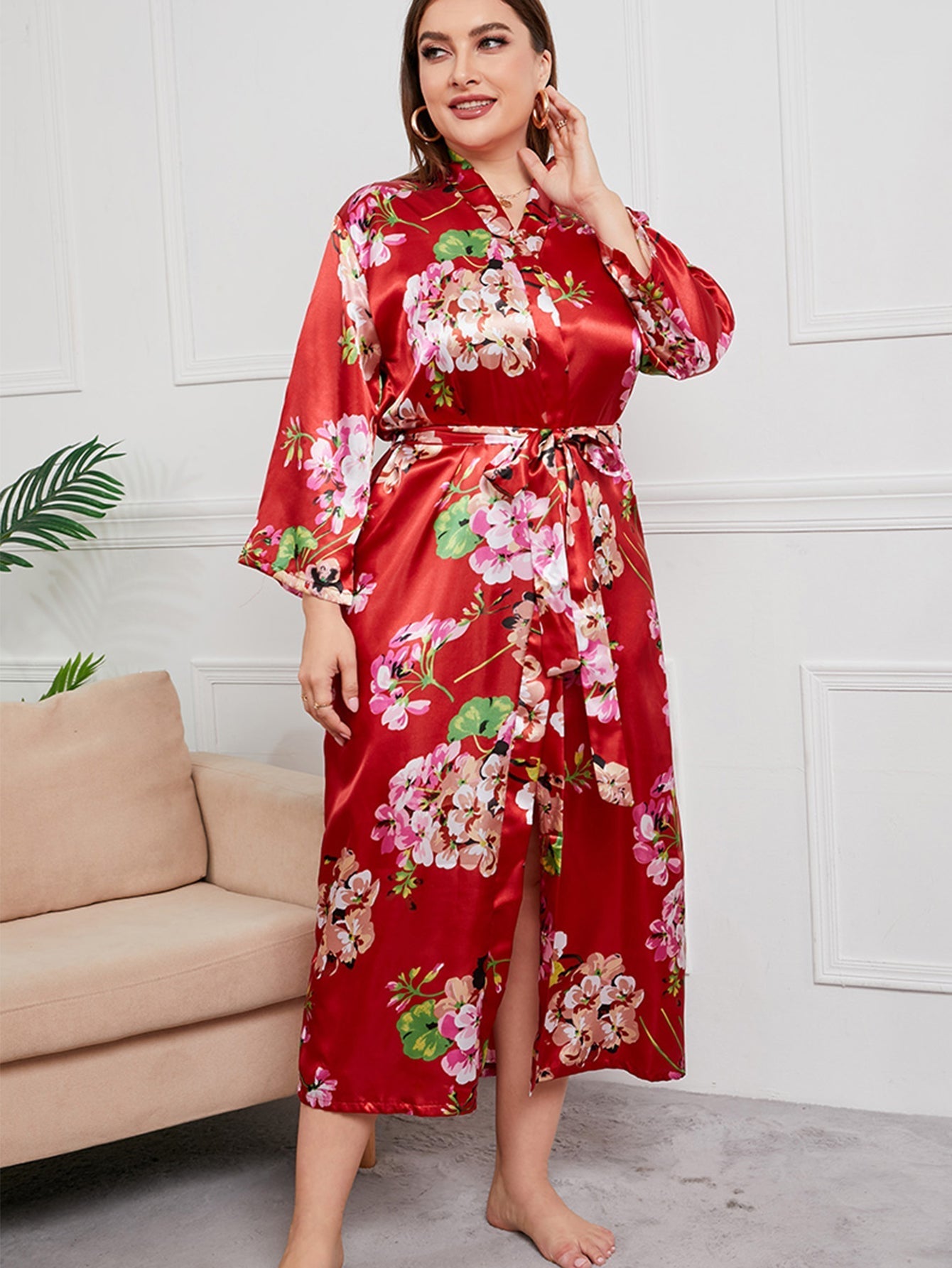 Plus Size Flower Print Satin Robe Sai Feel