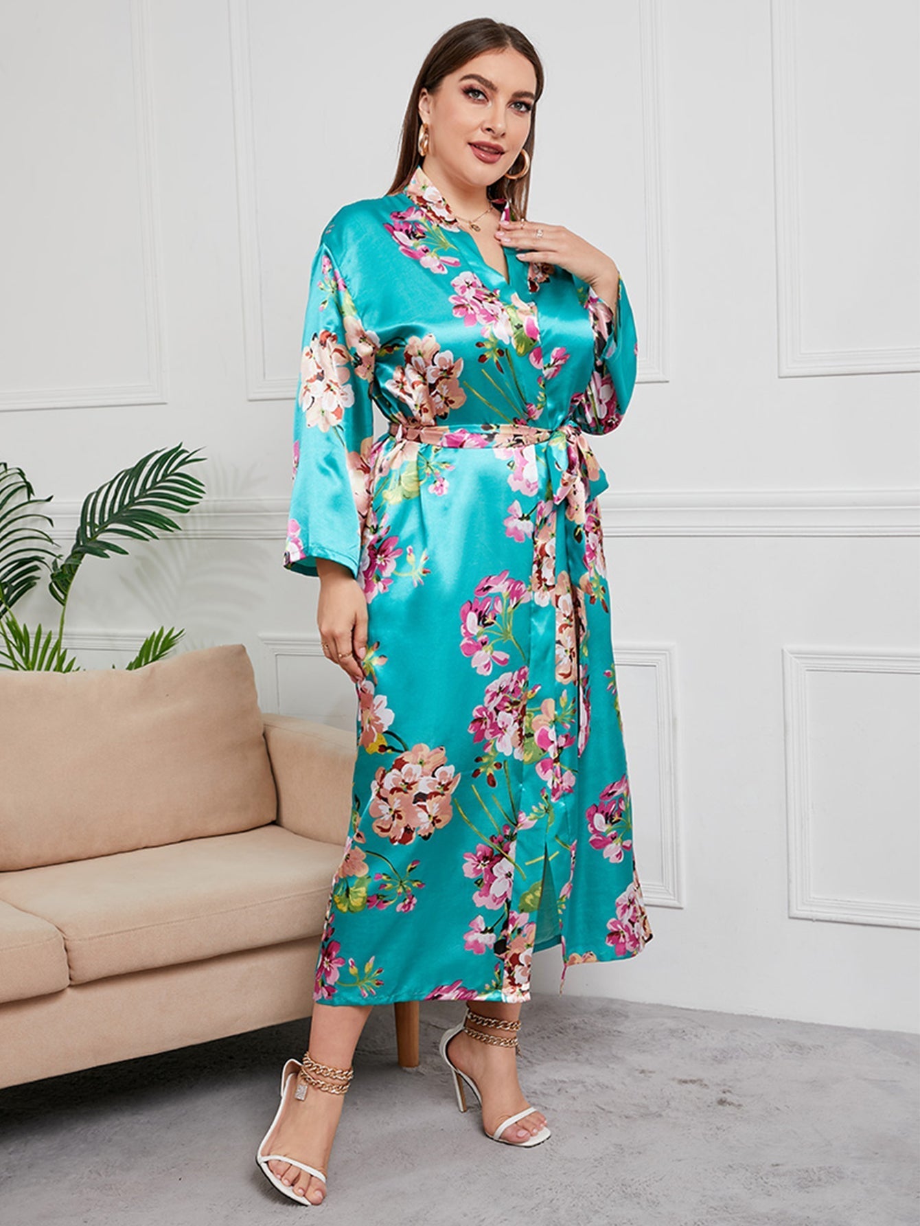 Plus Size Flower Print Satin Robe Sai Feel