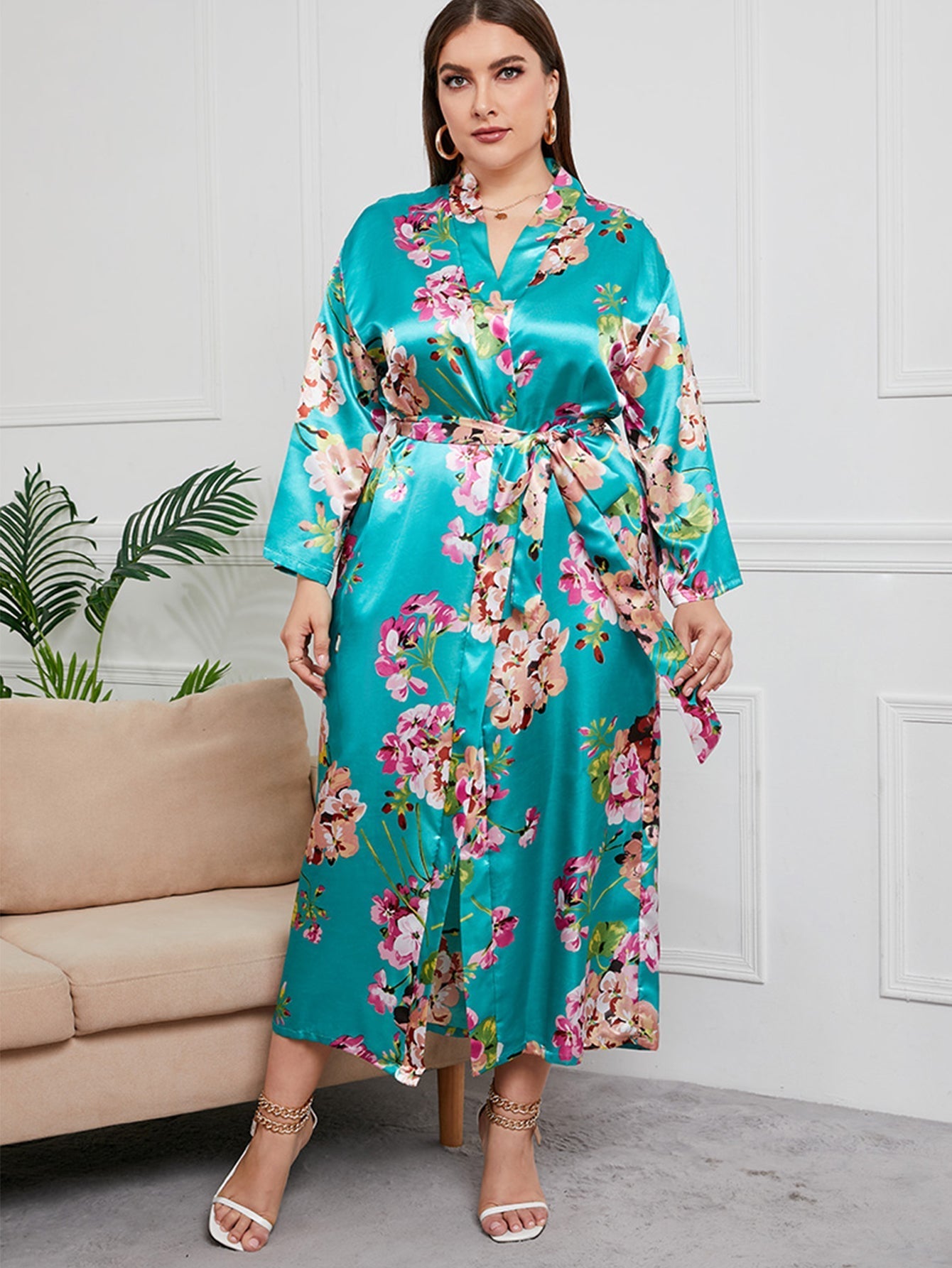 Plus Size Flower Print Satin Robe Sai Feel