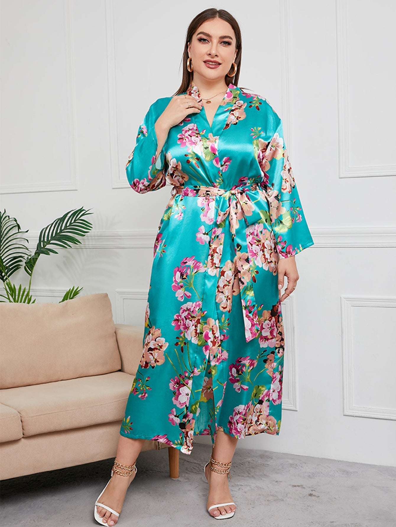 Plus Size Flower Print Satin Robe Sai Feel