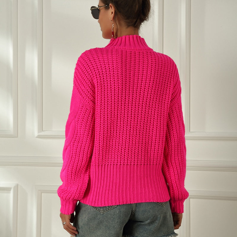 Plus Size Fluorescent Color Long-sleeved Cable Knit Sweater Loose Half High Neck Pullover Sweater Sai Feel