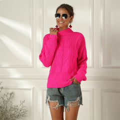 Plus Size Fluorescent Color Long-sleeved Cable Knit Sweater Loose Half High Neck Pullover Sweater Sai Feel