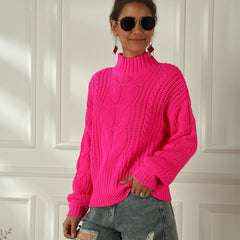 Plus Size Fluorescent Color Long-sleeved Cable Knit Sweater Loose Half High Neck Pullover Sweater Sai Feel