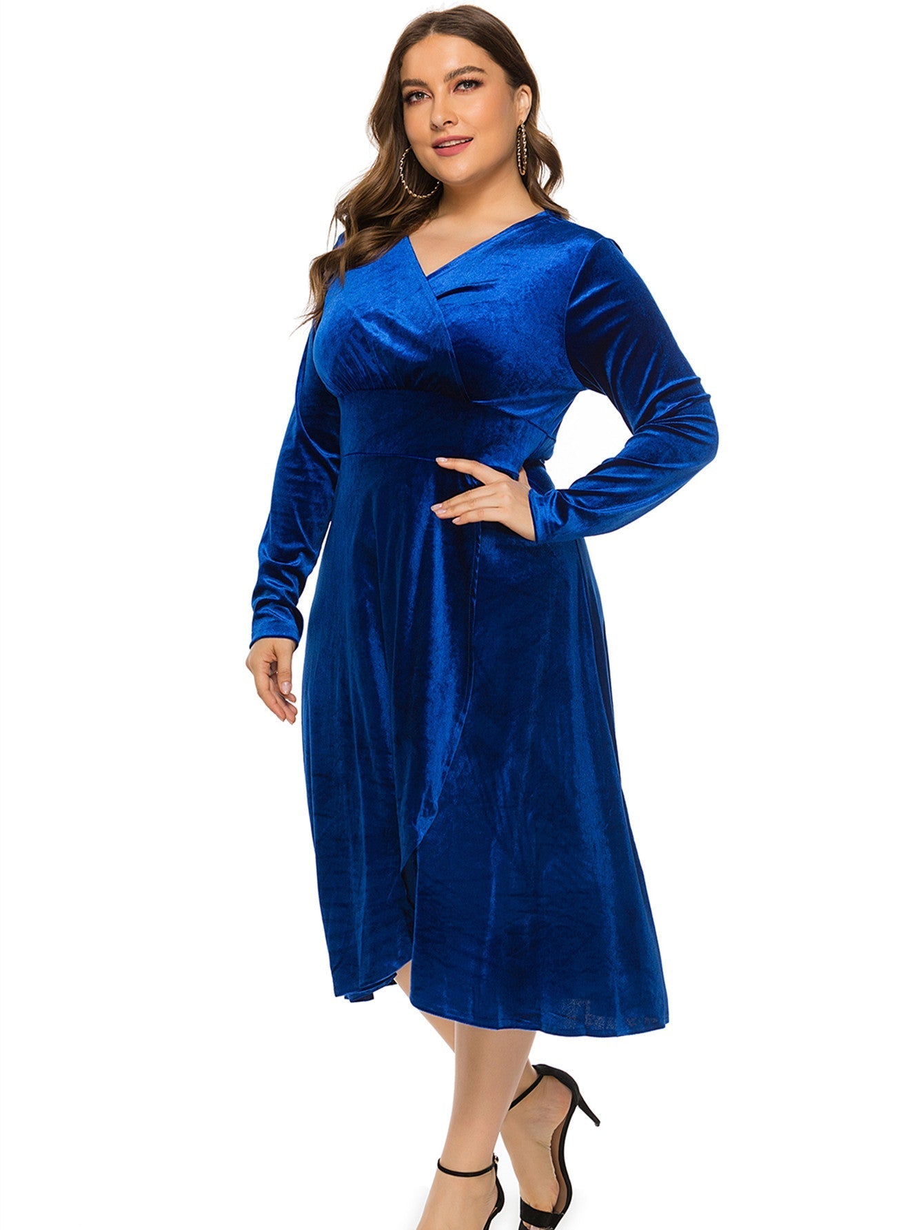 Plus Size High-low Velvet Long Sleeve Party Dress Sai Feel
