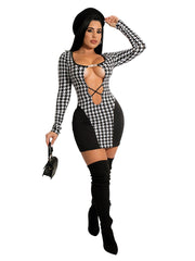 Plus Size Houndstooth Cut Out Front Bodycon Dress Sai Feel