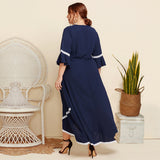 Plus Size Lace Stitching Round Collar Middle Sleeve Pure Color Loose Dress Sai Feel