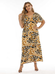 Plus Size Leopard High Waist Double V Neck Dress Sai Feel