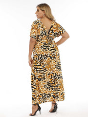 Plus Size Leopard High Waist Double V Neck Dress Sai Feel