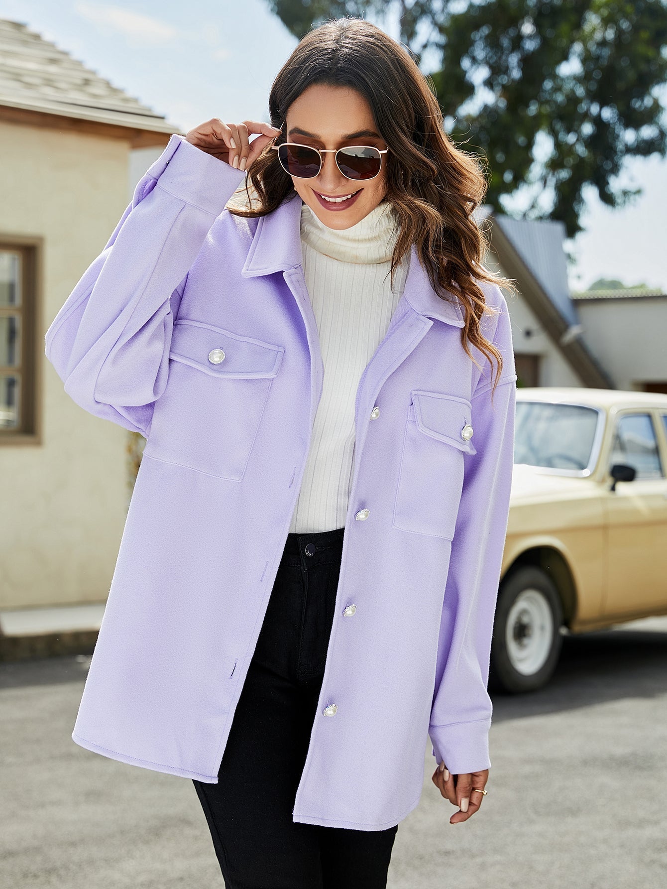 Plus Size Lilac Pocket Single Breasted Button Front Jacket Sai Feel