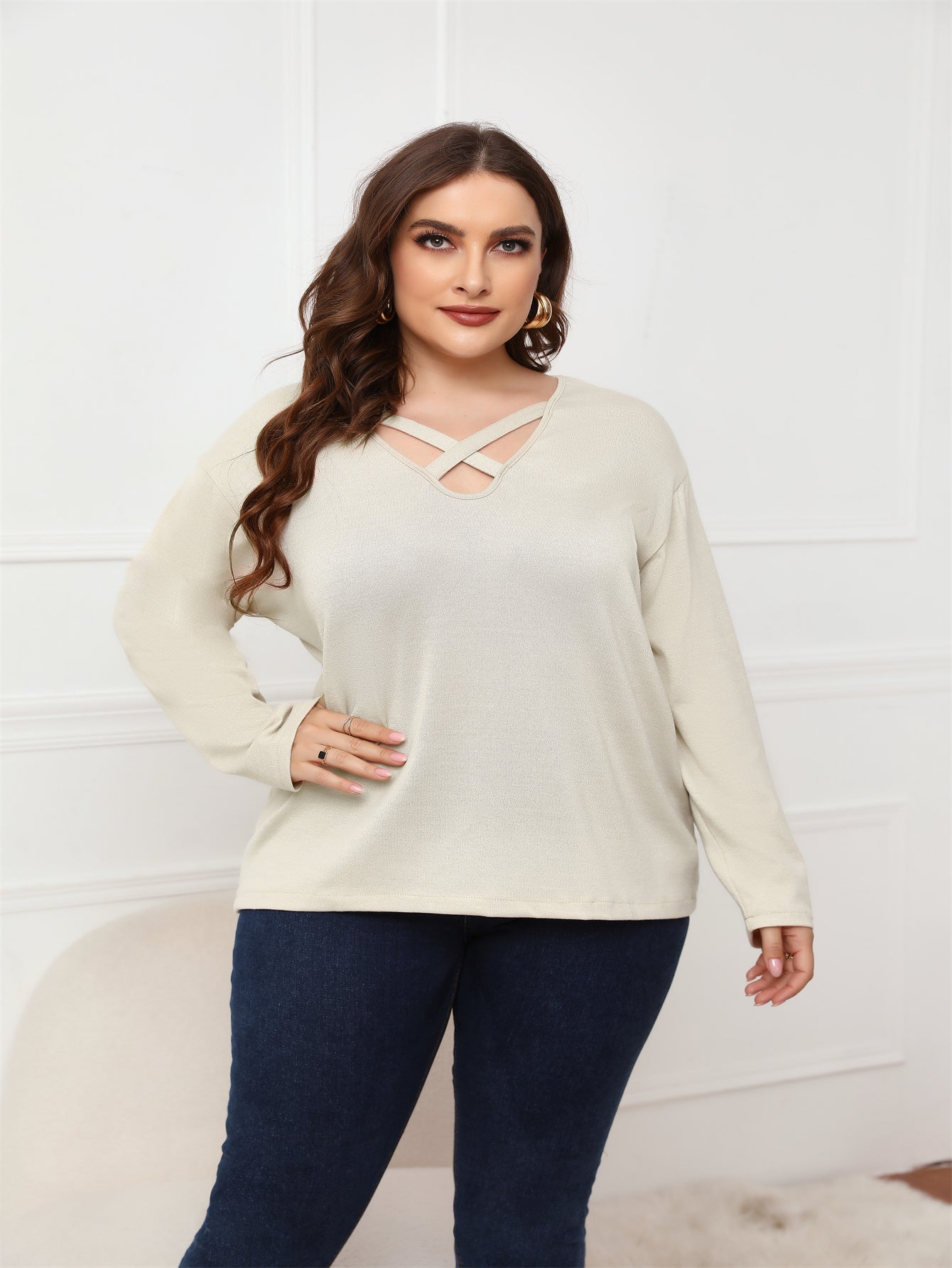 Plus Size Long Sleeve Crisscross Neck Top Blouse Sai Feel