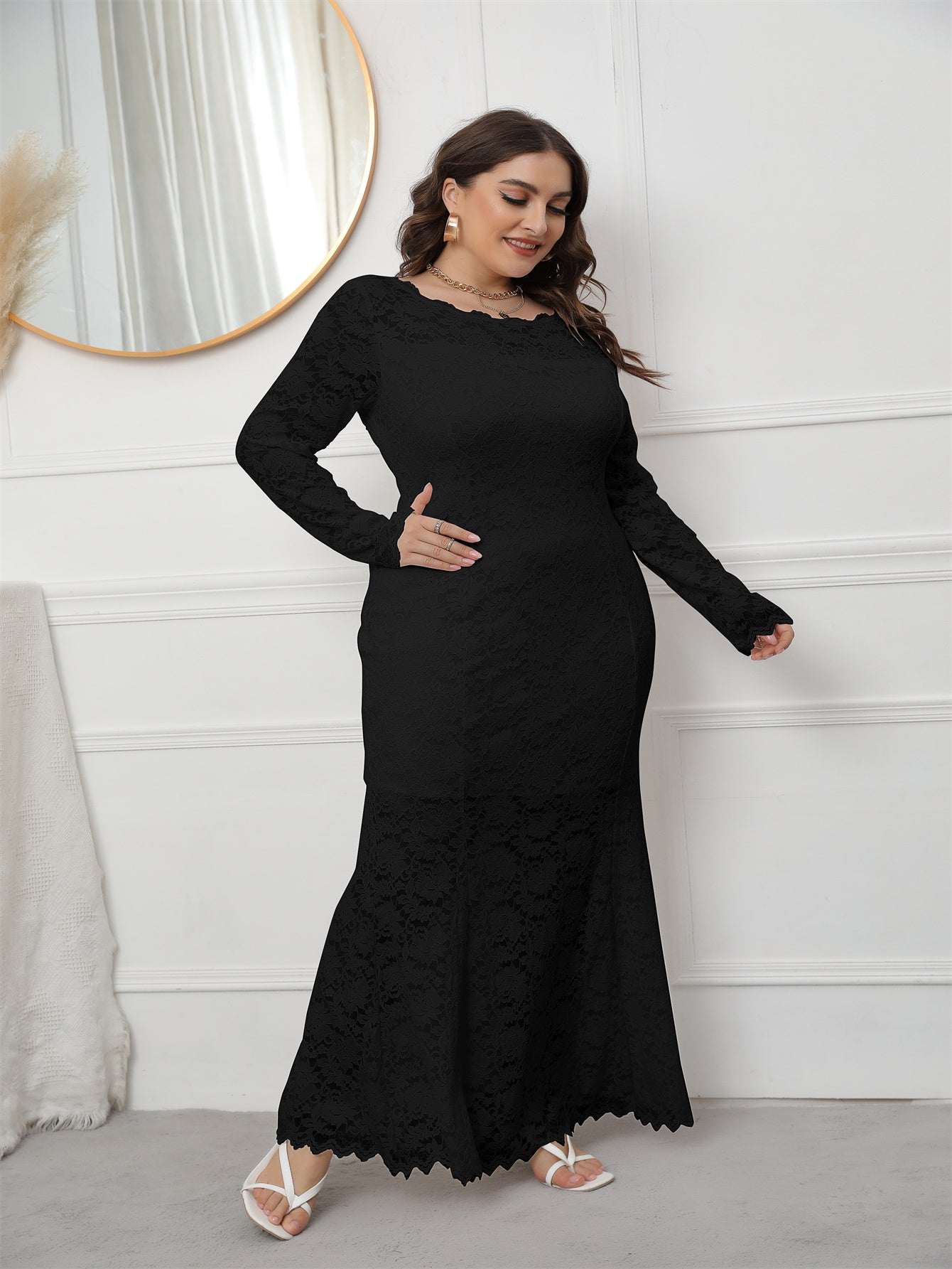 Plus Size Long Sleeve Mermaid Lace Evening Dress HIGH ELASTIC TRUE TO SIZE Sai Feel