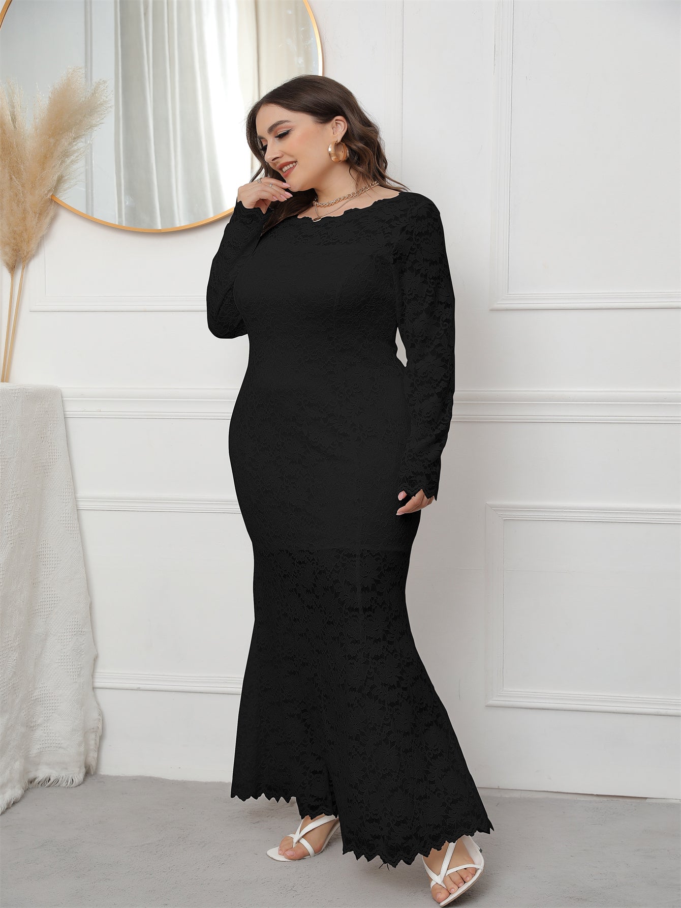 Plus Size Long Sleeve Mermaid Lace Evening Dress HIGH ELASTIC TRUE TO SIZE Sai Feel