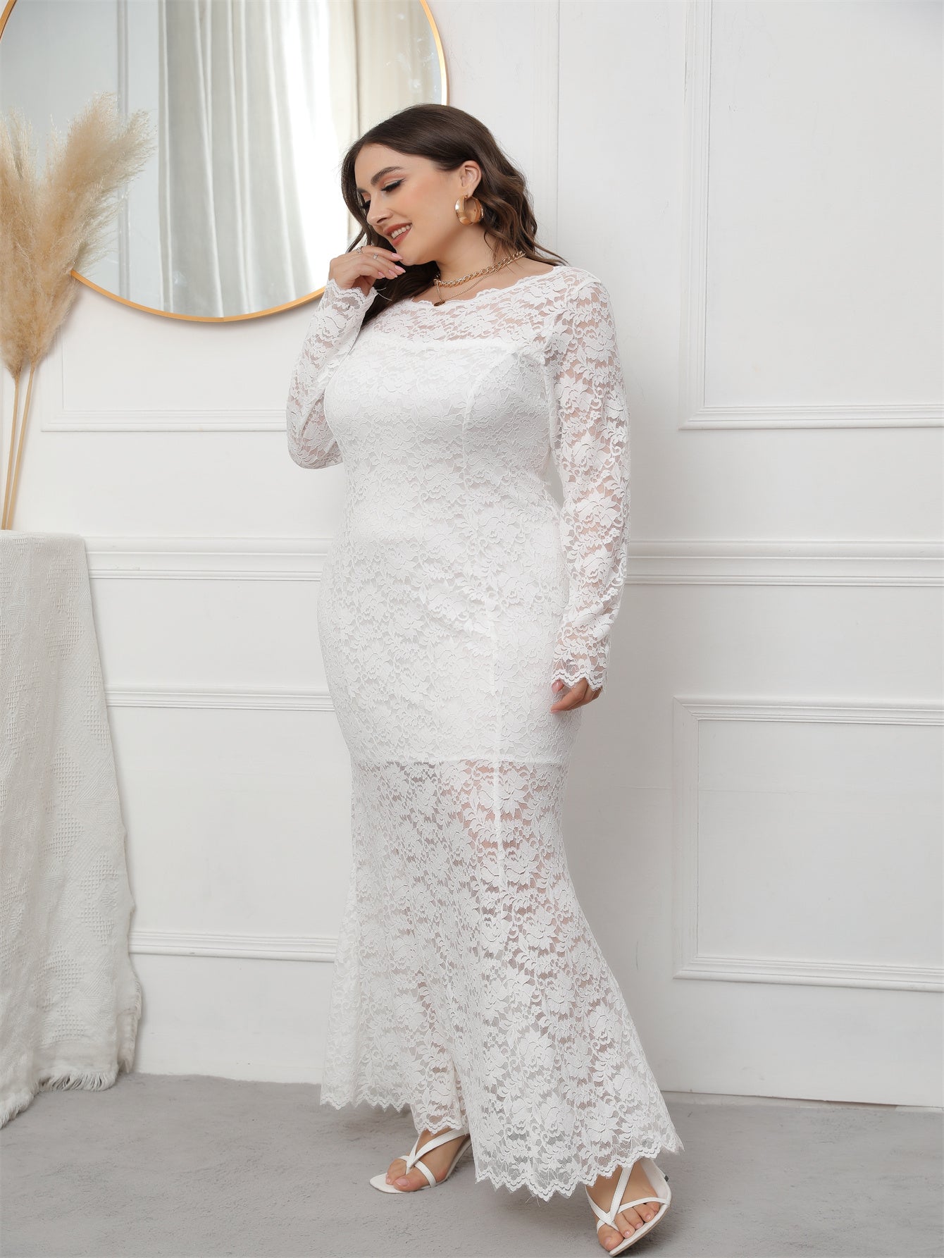 Plus Size Long Sleeve Mermaid Lace Evening Dress HIGH ELASTIC TRUE TO SIZE Sai Feel