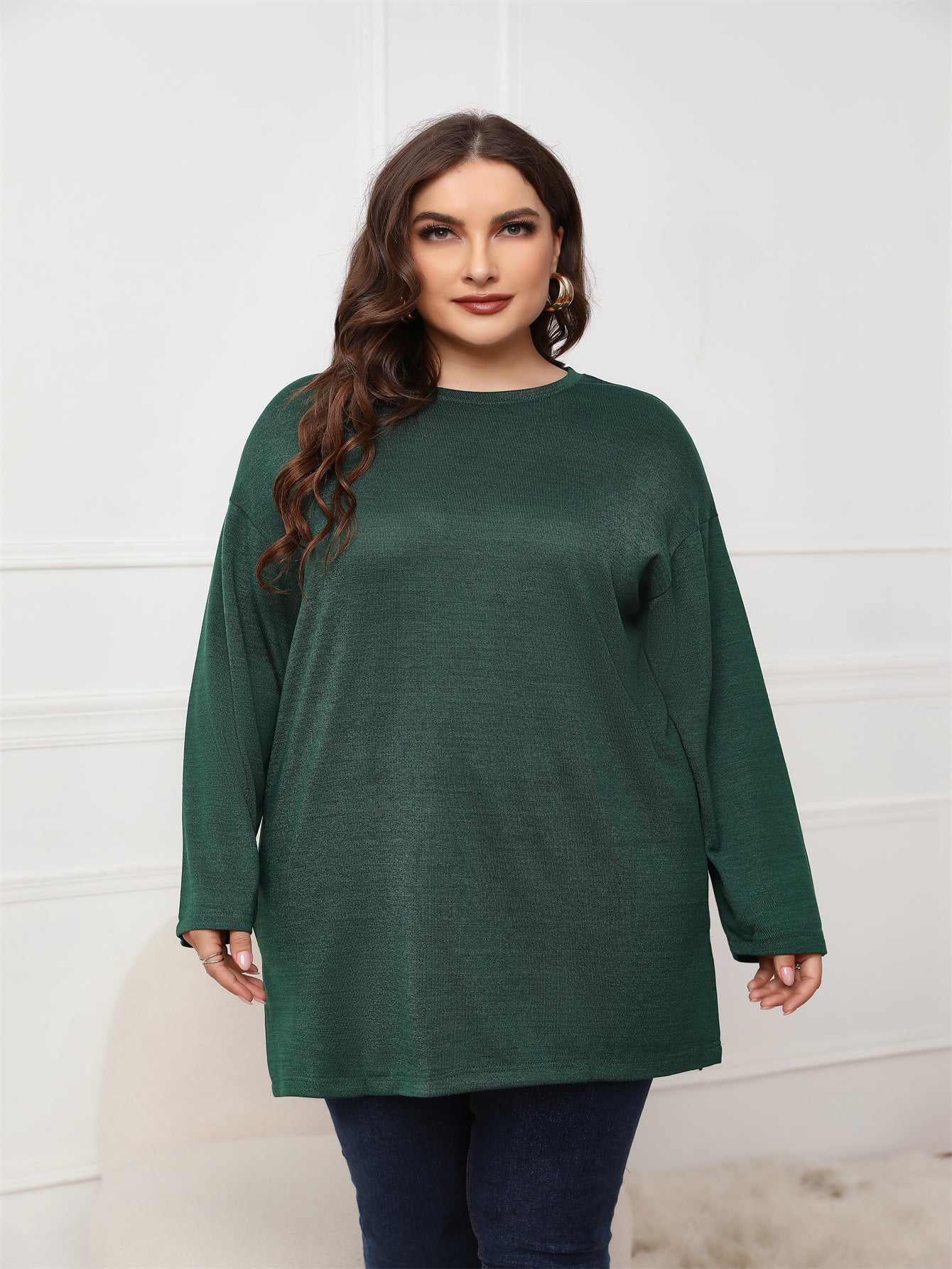 Plus Size Long Sleeve Round Neck Long Top Blouse Sai Feel