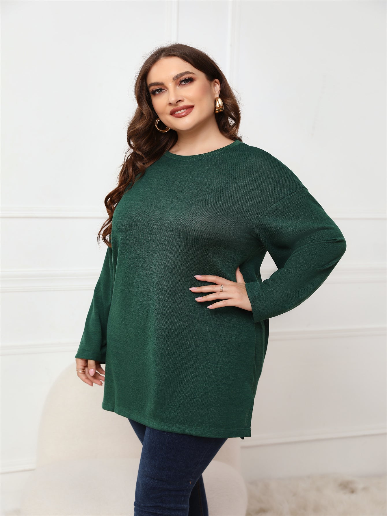 Plus Size Long Sleeve Round Neck Long Top Blouse Sai Feel