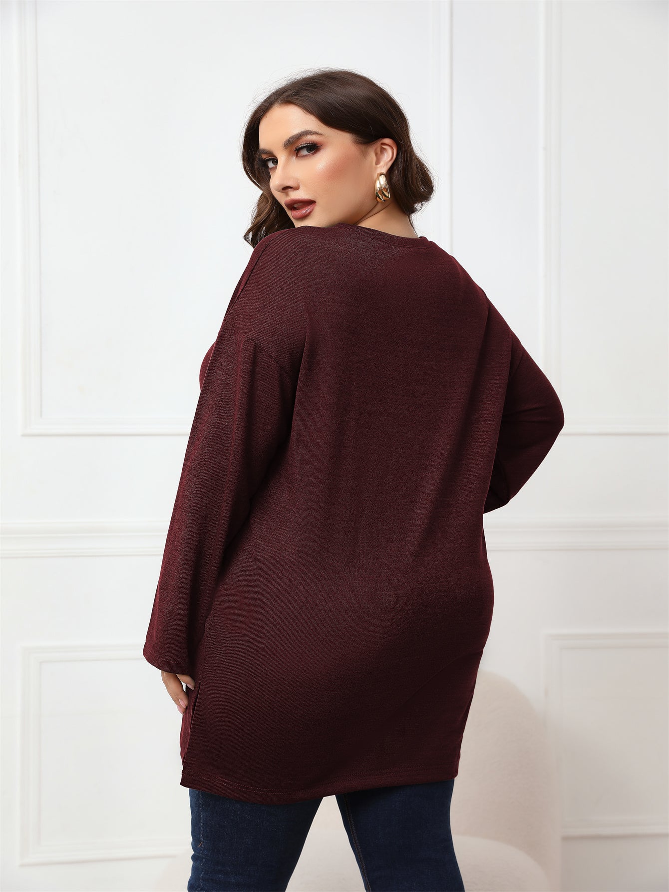 Plus Size Long Sleeve Round Neck Long Top Blouse Sai Feel