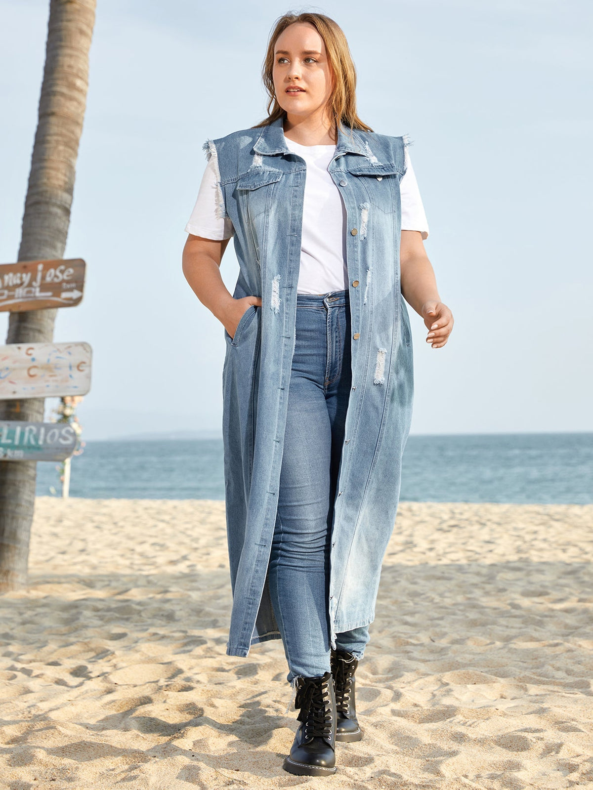 Plus Size Longline Denim Sleeveless Coat Sai Feel