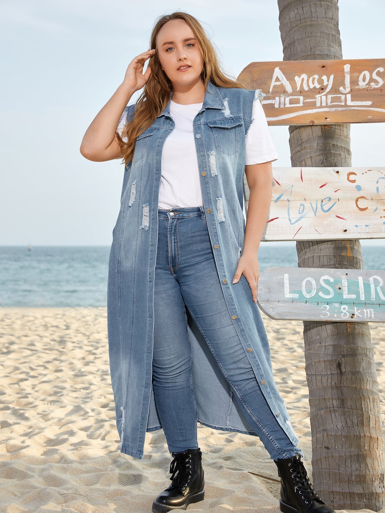 Plus Size Longline Denim Sleeveless Coat Sai Feel