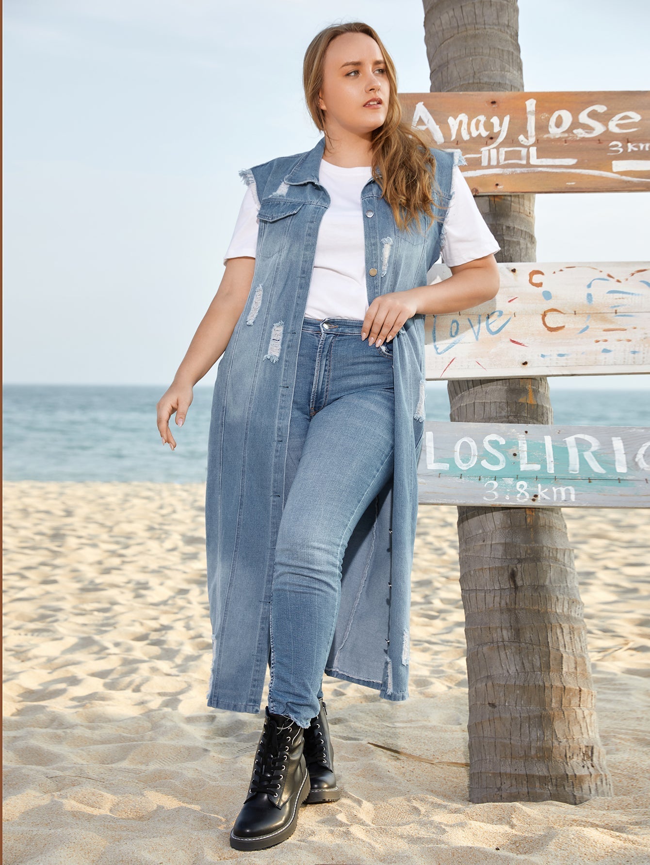 Plus Size Longline Denim Sleeveless Coat Sai Feel