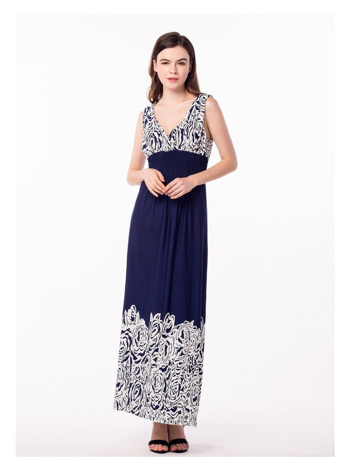 Plus Size M-6XL Double V-neck Print High Elastic Waist Maxi Dress Beach Dress Sai Feel