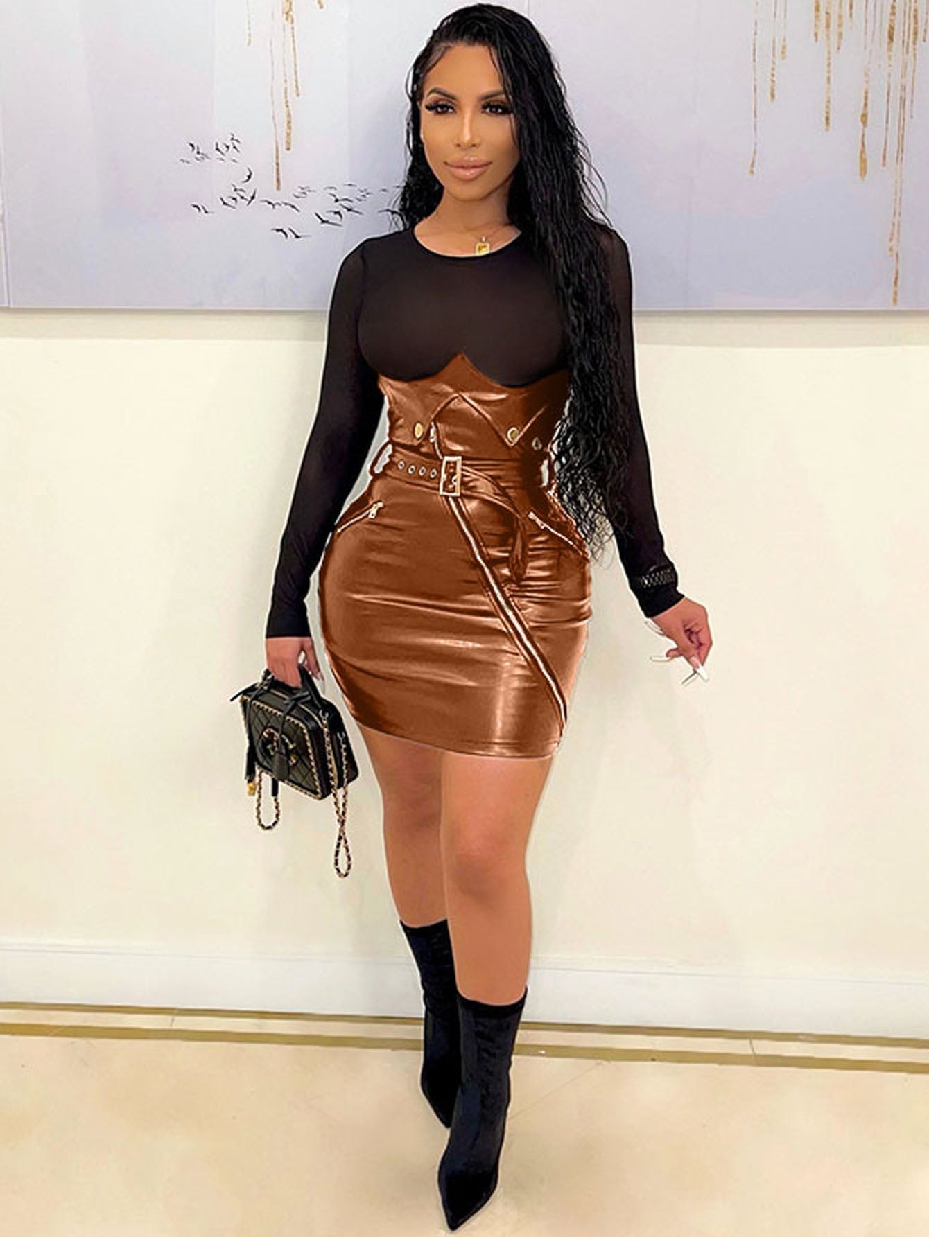 Plus Size Mesh PU leather dress Plus Size Mesh PU leather dress