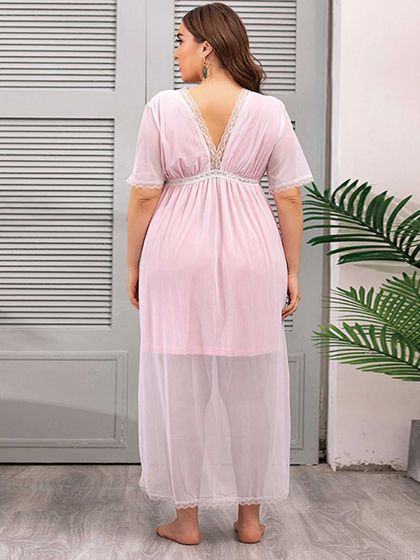 Plus Size Mesh V-neck Lace Sheer Lounge Wear Nightdress Sai Feel