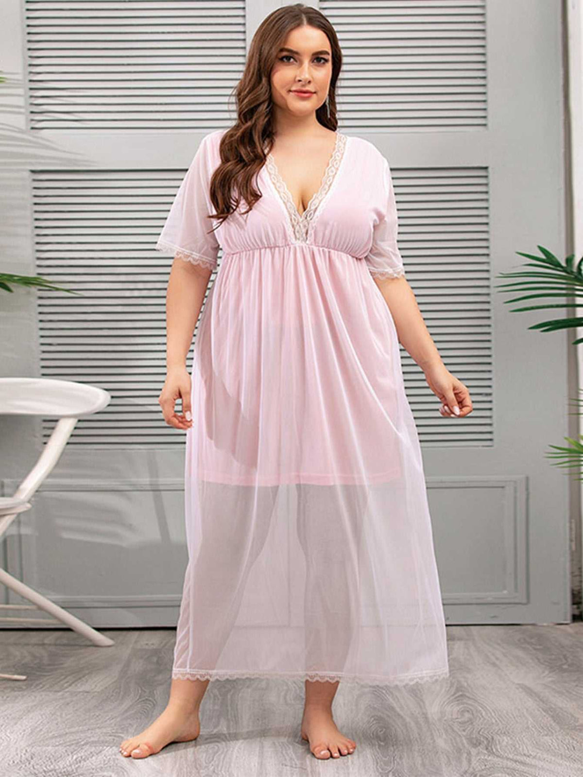 Plus Size Mesh V-neck Lace Sheer Lounge Wear Nightdress Sai Feel Plus Size Mesh V-neck Lace Sheer Lounge Wear Nightdress Sai Feel